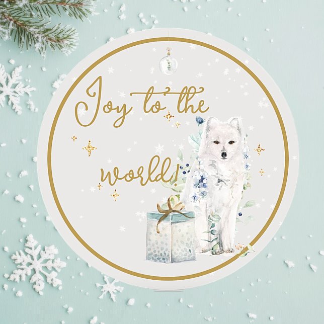 Winter wonderland Snow Wolf Joy to the World Classic Round Sticker ("Joy to the World" winter wonderland Christmas greeting card. Watercolor in beautiful white wolf.)