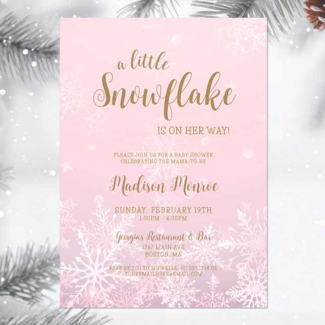 Winter Wonderland Snowflake Baby Shower Invitation (A little snowflake is on her way Baby Shower Invitation, Winter Wonderland Invite, Pink Gold Script)