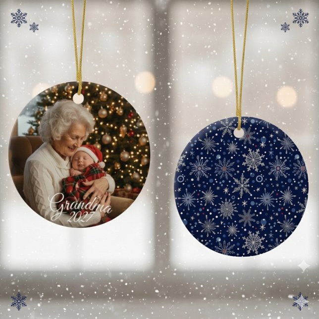 Winter Wonderland Snowflake Photo Ceramic Tree Decoration (Grandma Photo Snowflake Christmas ornament)