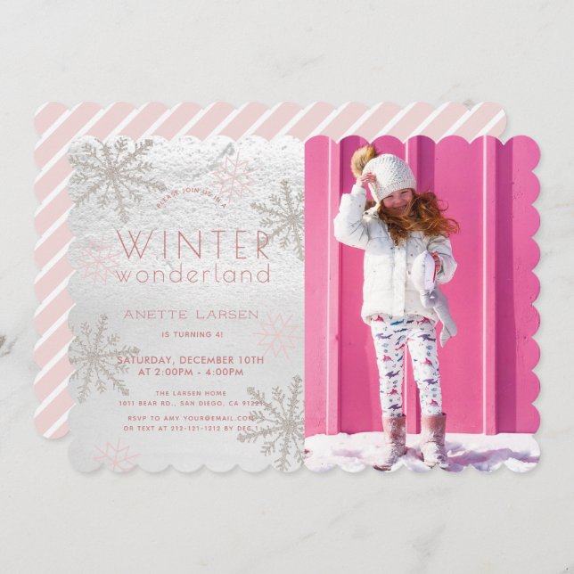 Winter Wonderland Snowflake Pink Photo Birthday Invitation (Front/Back)