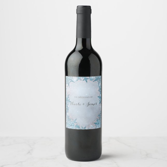 Winter Wonderland Snowflakes Blue Elegant Wine Wine Label (Front)