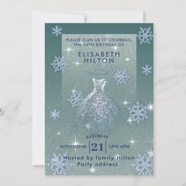 Winter wonderland snowflakes dress sweet sixteen i invitation (Front)
