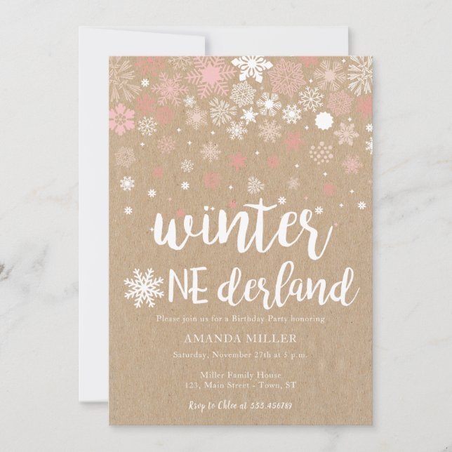 Winter wonderland snowflakes girl 1st birthday invitation (Front)