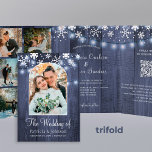 Winter wonderland snowflakes photo QR RSVP wedding Tri-Fold Invitation<br><div class="desc">Chic rustic winter wonderland wedding stylish budget all in one tri fold photo collage invitation template with scanning QR CODE to online RSVP and details on dark midnight navy blue barn wood featuring a snowflakes border and strings of twinkle lights. The invitation is suitable for modern elegant rustic country winter...</div>