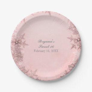 Winter Wonderland Snowflakes Pink Elegant Party Paper Plate