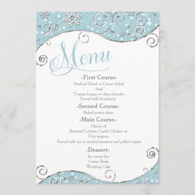 Winter Wonderland Snowflakes Swirl Wedding Menu (Front)