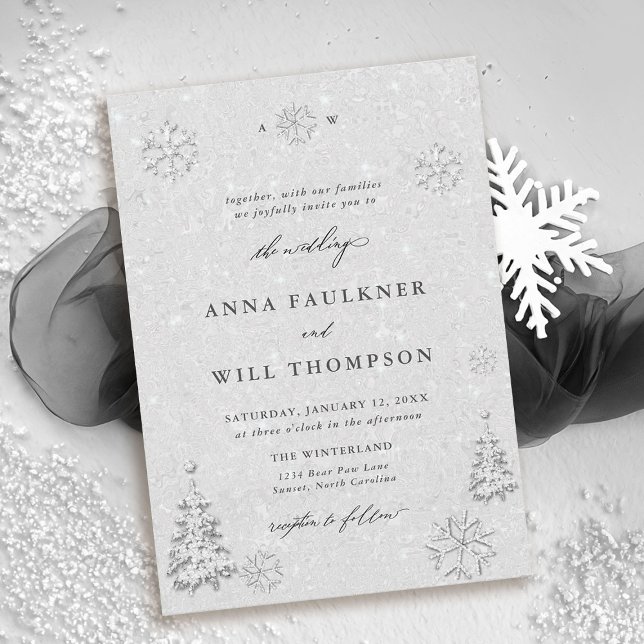 Winter Wonderland Snowflakes White Elegant Wedding Invitation (winter wedding invitations snowflake theme white falling snow forest mountain rustic elegant)