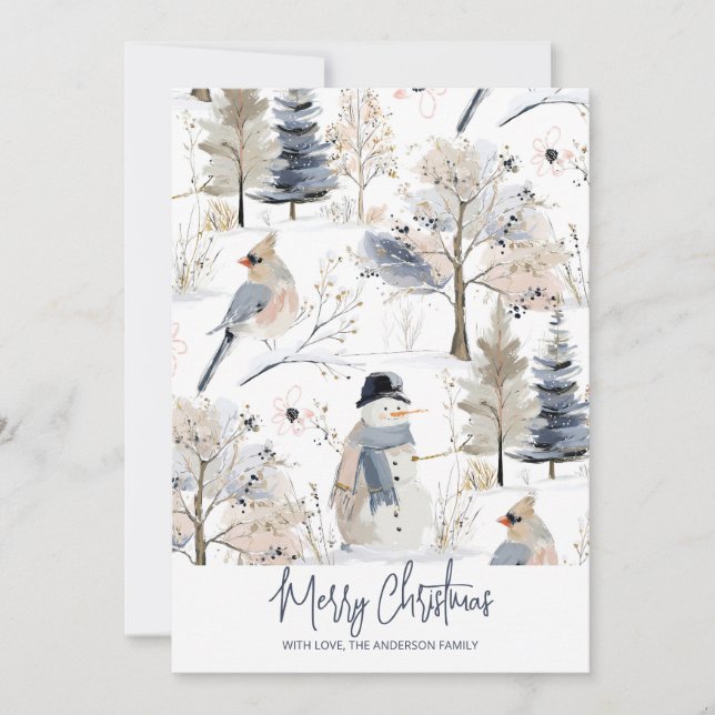Winter Wonderland Snowman and Bird Pattern Holiday Card (Front)