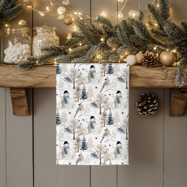 Winter Wonderland Snowman and Bird Pattern Tea Towel (Creator Uploaded)