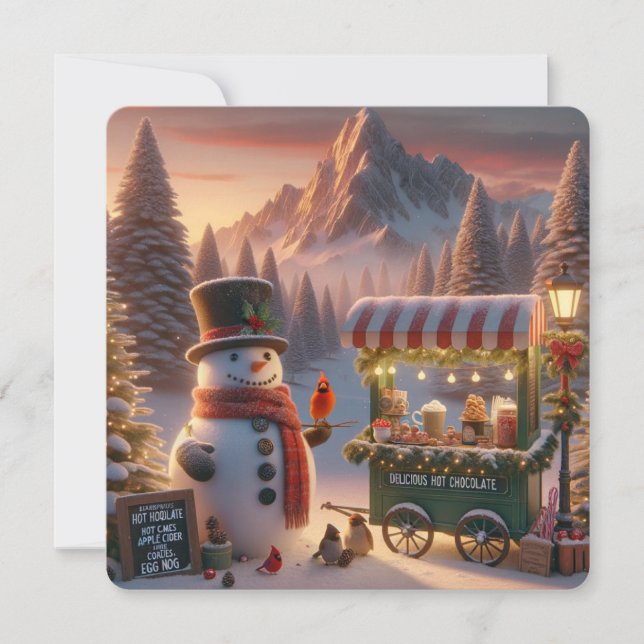 Winter Wonderland Snowman's Hot Chocolate Cart Holiday Card (Front)