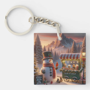 Winter Wonderland Snowman's Hot Chocolate Cart Key Ring