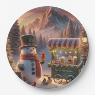 Winter Wonderland Snowman's Hot Chocolate Cart Paper Plate