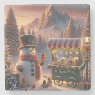 Winter Wonderland Snowman's Hot Chocolate Cart Stone Coaster