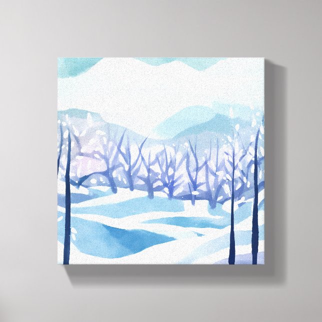 Winter Wonderland Snowy Blue Watercolor Painting Canvas Print (Front)