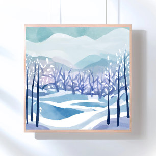 Winter Wonderland Snowy Blue Watercolor Painting Poster