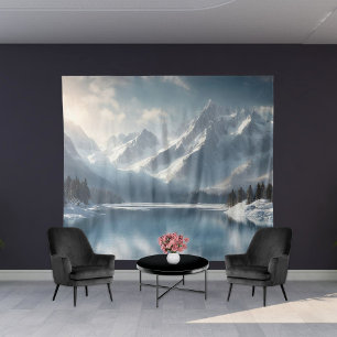 Winter Wonderland Snowy Mountain Backdrop Tapestry