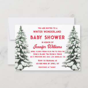 Winter Wonderland Snowy Pine Tree Red Baby Shower Invitation