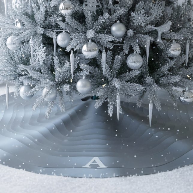 Winter Wonderland Steel Blue Silver Monogram Brushed Polyester Tree Skirt (Transform your home into a magical winter scene. Add your initial)