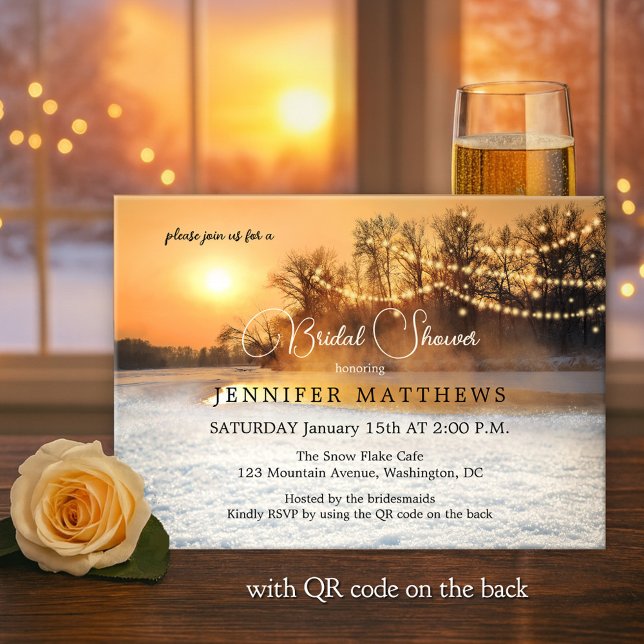 Winter Wonderland String Lights QR Bridal Shower Invitation (Bridal shower invitation showing a winter wonderland at sunset with sparkling snow and string lights)