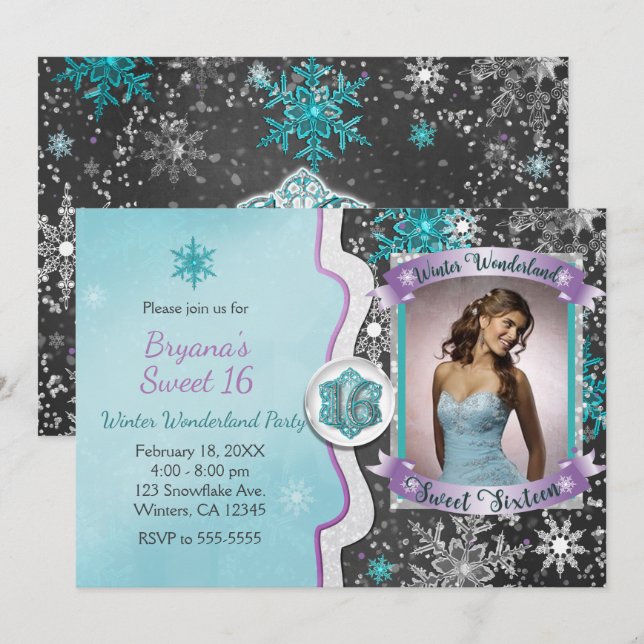 Winter Wonderland Sweet 16 Party Photo Invitations (Front/Back)