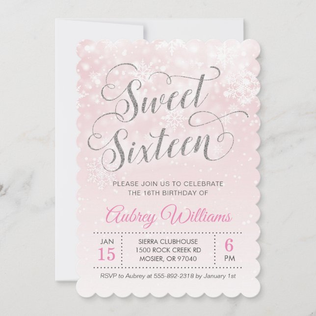Winter Wonderland Sweet Sixteen Pink Girl Birthday Invitation (Front)