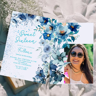 Winter Wonderland teal blue Floral Sweet Sixteen Invitation