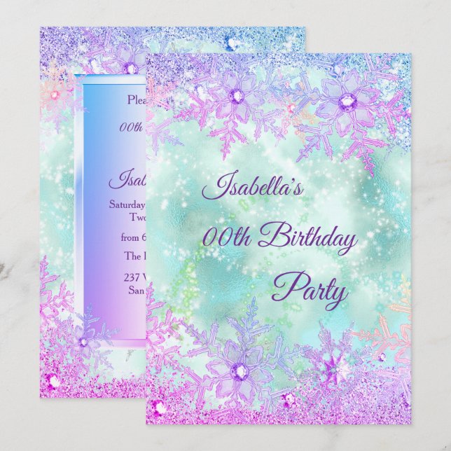 Winter Wonderland Teal Blue Purple Pink Party Invitation (Front/Back)