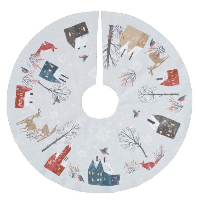 Winter Wonderland Village - Deer and Foxes Brushed Polyester Tree Skirt (Front)