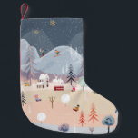 Winter Wonderland: Vintage Countryside Scene. Small Christmas Stocking<br><div class="desc">Illustrator winter landscape, Vintage of horizontal banner of winter wonderland at countryside with snow covering, Happy with kids sledding in the winter park and couple with skiing on the mountain Winter wonderland illustration: Embracing the season. Winter Wonderland: Happy Snowy Scene winter, vacation, activity, travel, play, ski, christmas, background, woman, people,...</div>