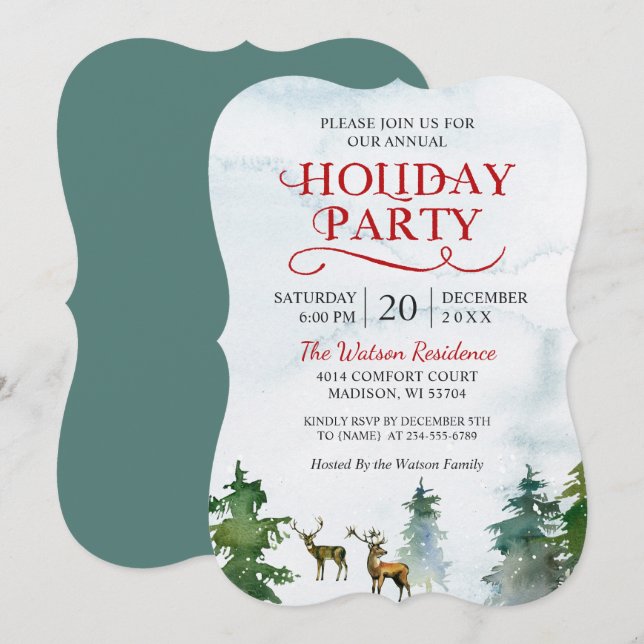 Winter Wonderland Watercolor Holiday Party Invitation (Front/Back)
