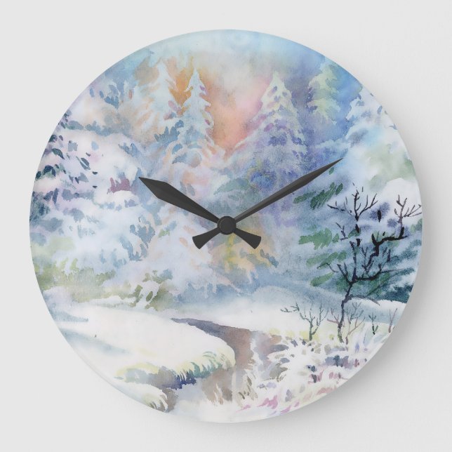 Winter Wonderland: Watercolor Landscape Large Clock (Front)