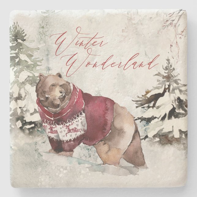 Winter Wonderland Watercolor Snow Scene with Bear Stone Coaster (Front)
