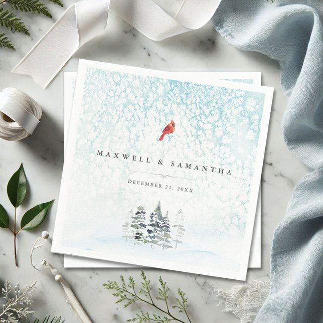 Winter Wonderland Wedding  Napkin (Personalized winter wedding napkins watercolor country pine trees and snow in shades of blue)