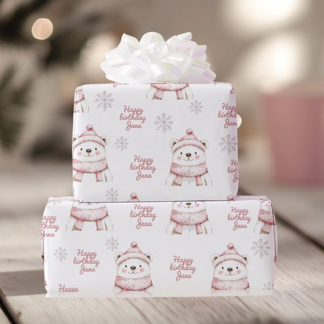 Winter Wonderland White Bear Happy Birthday  Wrapping Paper (Creator Uploaded)