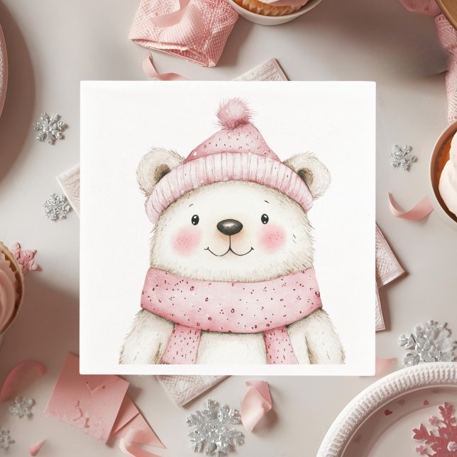 Winter Wonderland White Bear Pink  Birthday  Napkin (Creator Uploaded)