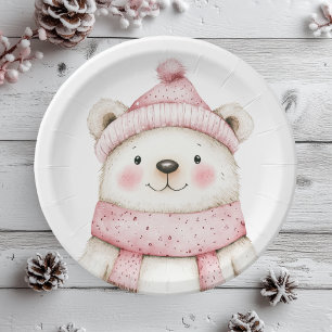 Winter Wonderland White Bear Pink Paper Plate