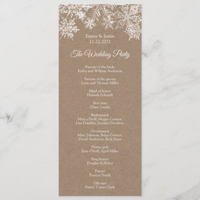 Winter Wonderland White & Kraft Snowflakes Wedding Programme (Front)