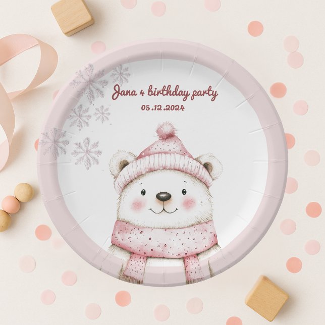 winter wonderland with cute white bear birthday paper plate (Creator Uploaded)