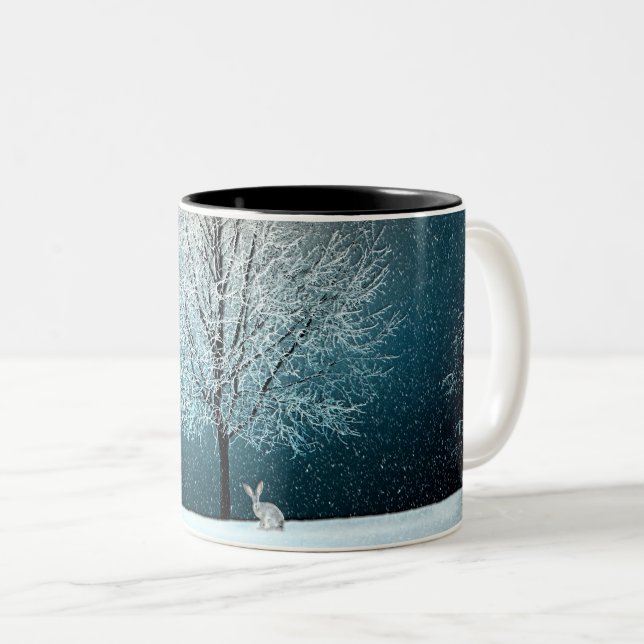 Winter Wonderland with Rabbit Two-Tone Coffee Mug (Front Right)
