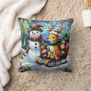 Winter wonderland with snowman and friends cushion