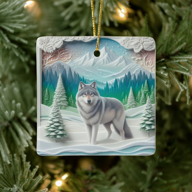 Winter Wonderland Wolf Personalised Christmas  Ceramic Ornament (Tree)