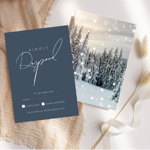 Winter Wonderland Woodland Snow Script Wedding RSVP Card