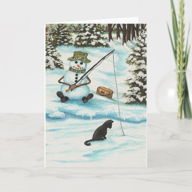 Winter Wonders Snowman Gone Fishing by Bihrle Holiday Card (Front)