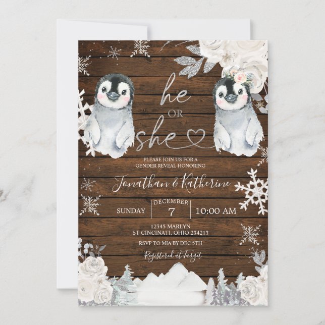 Winter Wood Penguin Gender Reveal He or She  Invitation (Front)