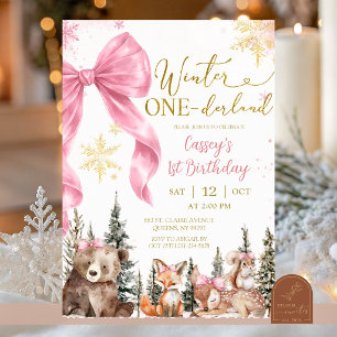 Winter Woodland Animal 1st Birthday Invitation