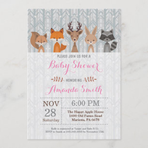 Winter Woodland Animal Girl Baby Shower Invitation
