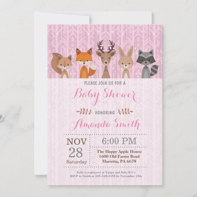 Winter Woodland Animal Girl Baby Shower Invitation (Front)