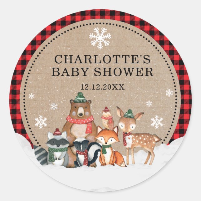 Winter Woodland Animals Baby Shower 1st Birthday Classic Round Sticker (Front)