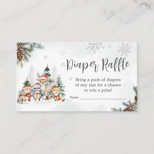 Winter Woodland Animals Baby Shower Diaper Raffle Enclosure Card (Front)