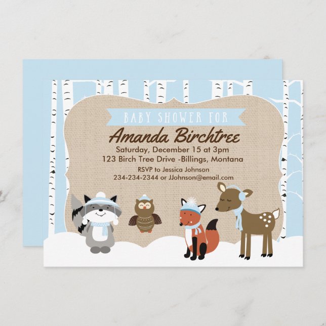 Winter Woodland Animals Baby Shower Invite | Blue (Front/Back)